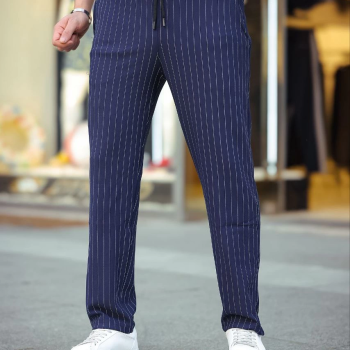 Cizgili Dokuma Krep Jogger Buggy Pantalon Rahat kalıp - Lacivert