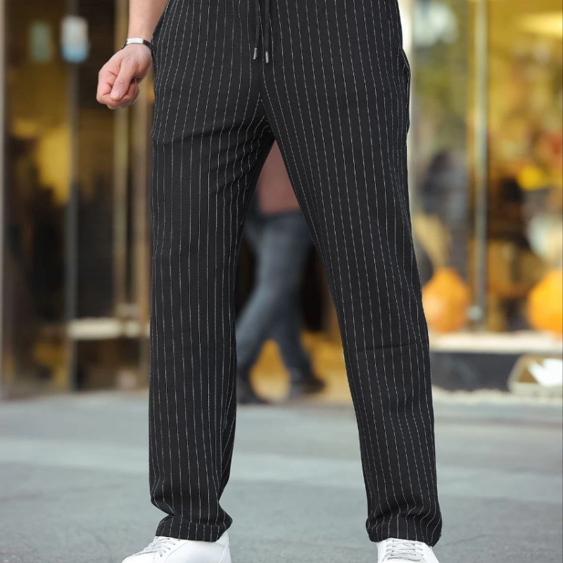 Cizgili Dokuma Krep Jogger Buggy Pantalon Rahat kalıp - Siyah