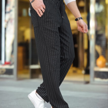 Cizgili Dokuma Krep Jogger Buggy Pantalon Rahat kalıp - Siyah