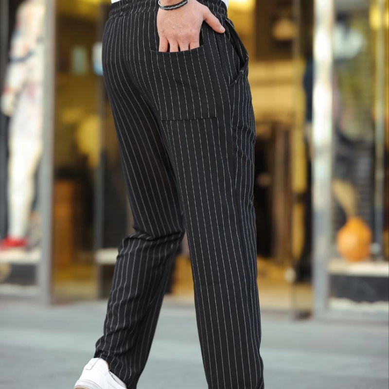 Cizgili Dokuma Krep Jogger Buggy Pantalon Rahat kalıp - Siyah