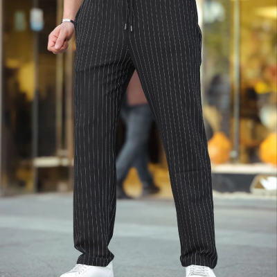 Cizgili Dokuma Krep Jogger Buggy Pantalon Rahat kalıp - Siyah