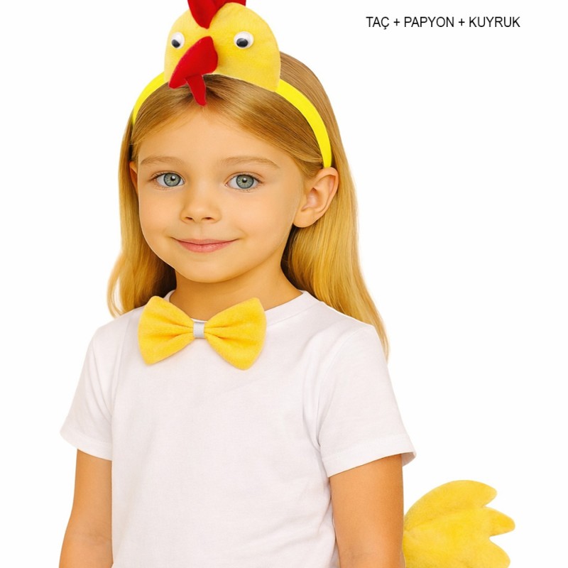 Çocuk Horoz Tavuk Kostüm Seti 3 Parça (Taç + Papyon + Kuyruk)