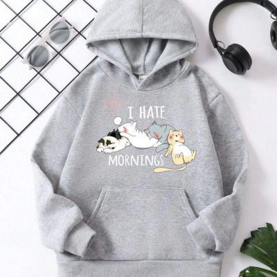 Çocuk   Kapüşonlu Kedicik Baskılı Pamuklu Sweatshirt - Gri