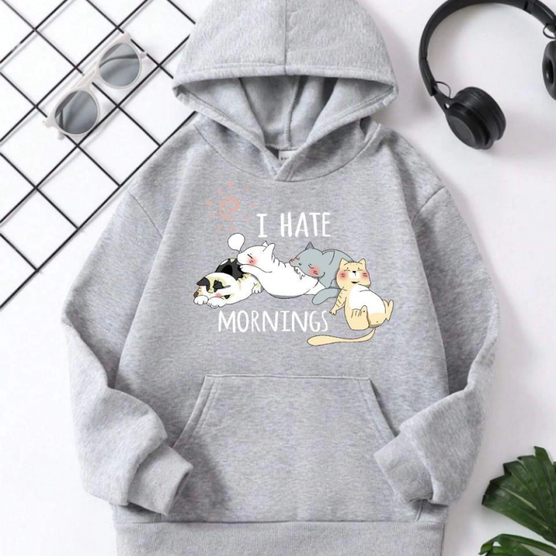Çocuk   Kapüşonlu Kedicik Baskılı Pamuklu Sweatshirt - Gri