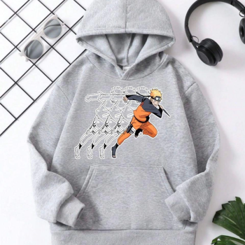 Çocuk   Kapüşonlu Naruto Baskılı Pamuklu Sweatshirt - Gri