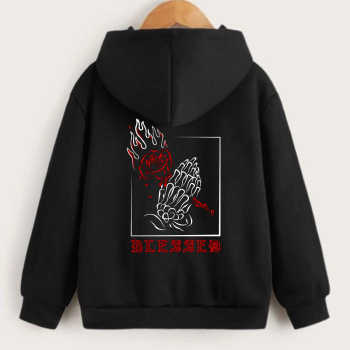 Çocuk   Kapüşonlu Ön ve Arka Blessed Baskılı Sweatshirt - Siyah