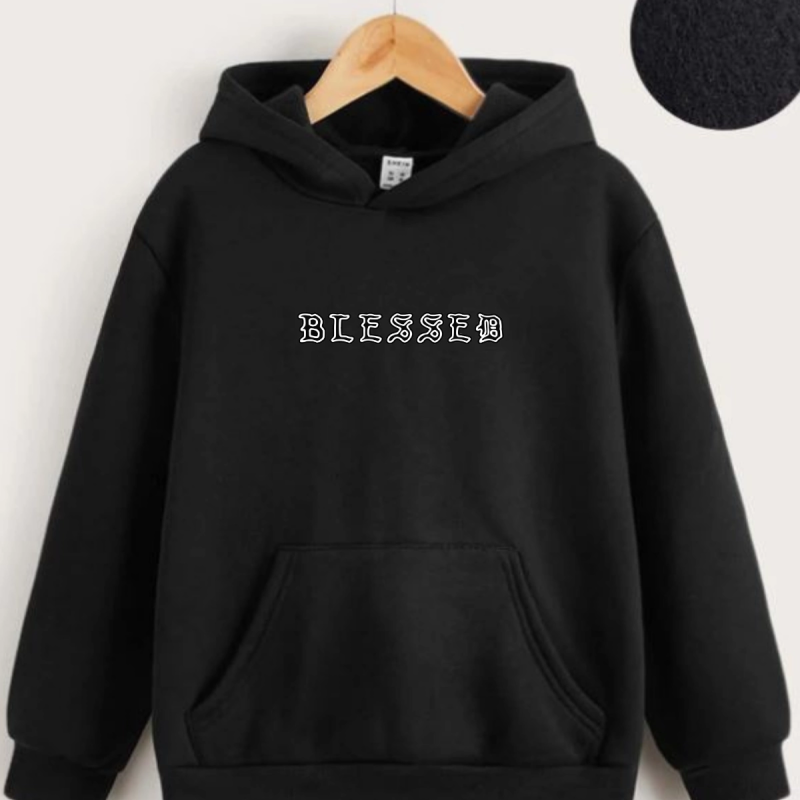 Çocuk   Kapüşonlu Ön ve Arka Blessed Baskılı Sweatshirt - Siyah