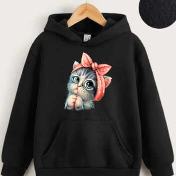 Çocuk   Kapüşonlu Tatlı Kedi Baskılı Sweatshirt - Siyah