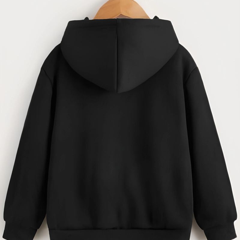 Çocuk Unisex Kapüşonlu Çizgi Kalp Baskılı Sweatshirt - Siyah