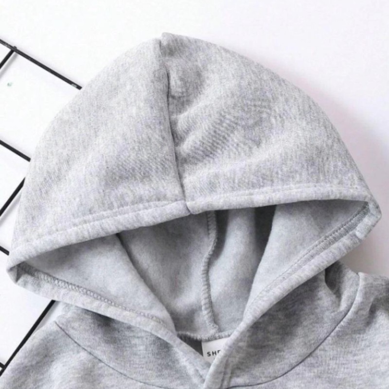 Çocuk Unisex Kapüşonlu Kedicik Baskılı Pamuklu Sweatshirt - Gri