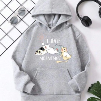 Çocuk Unisex Kapüşonlu Kedicik Baskılı Pamuklu Sweatshirt - Gri