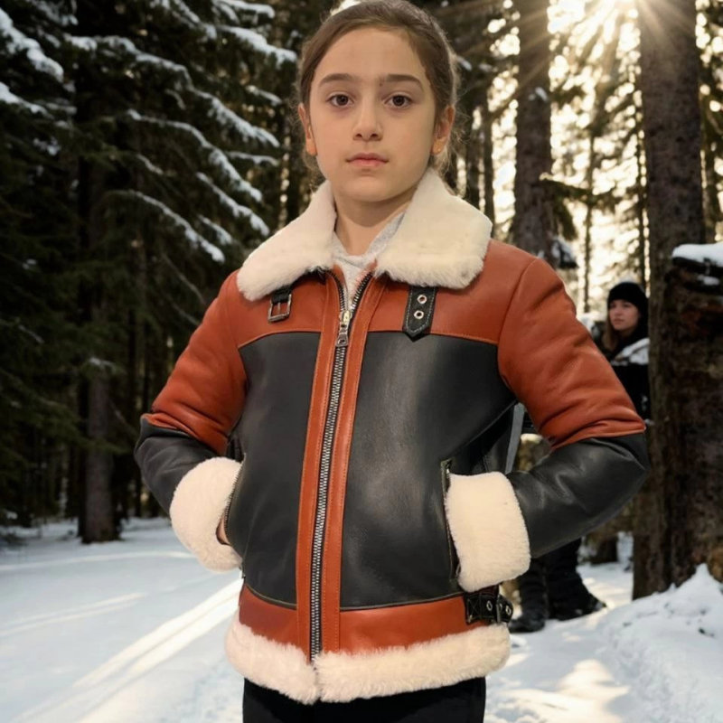 Çocuk Yakalı Parçalı Kürk - Kiremit