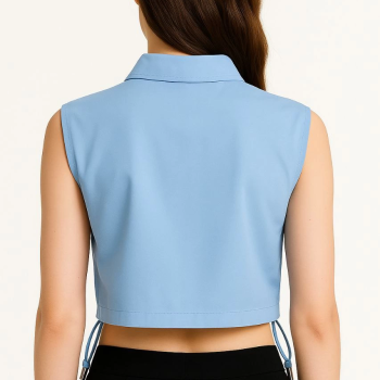 Crop Poplin Gömlek Yalancı Cepli, Ayarlanabilir Yan Kordonlu, - Bebe Mavisi -