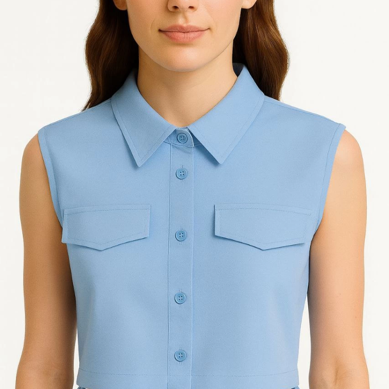 Crop Poplin Gömlek Yalancı Cepli, Ayarlanabilir Yan Kordonlu, - Bebe Mavisi -