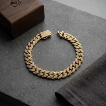 Cuban Zincir Model Zirkon Taşlı Gold Renk Erkek Bileklik