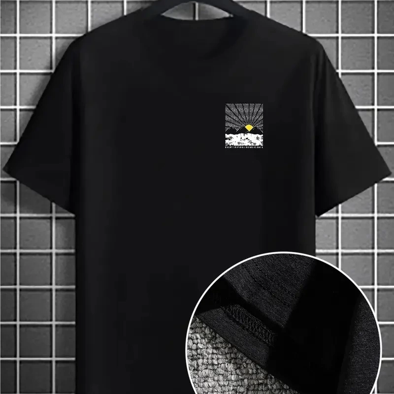 Dağ Grafikli Tişört, Yaz için Büyük Beden Rahat T-shirt - Siyah -