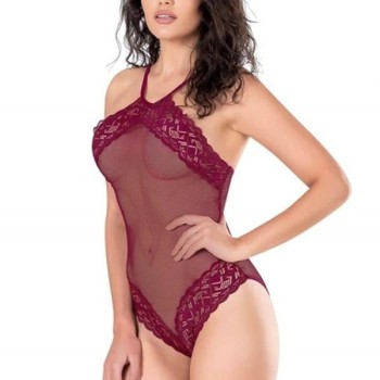 Dantel İşlemeli Bordo File Tül Bodysuit