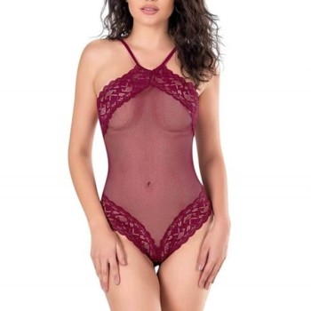 Dantel İşlemeli Bordo File Tül Bodysuit