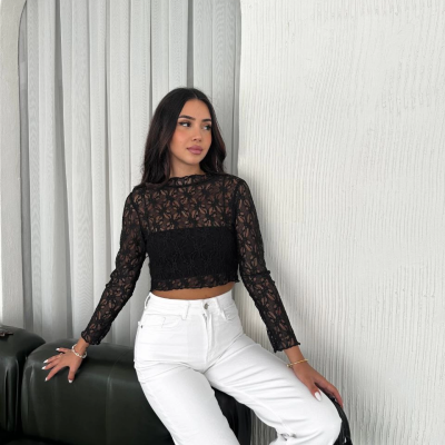 Dantel Uzun Kol Bluz- Siyah -