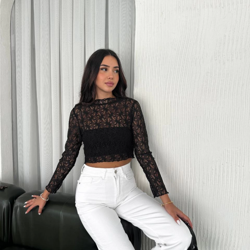 Dantel Uzun Kol Bluz- Siyah -