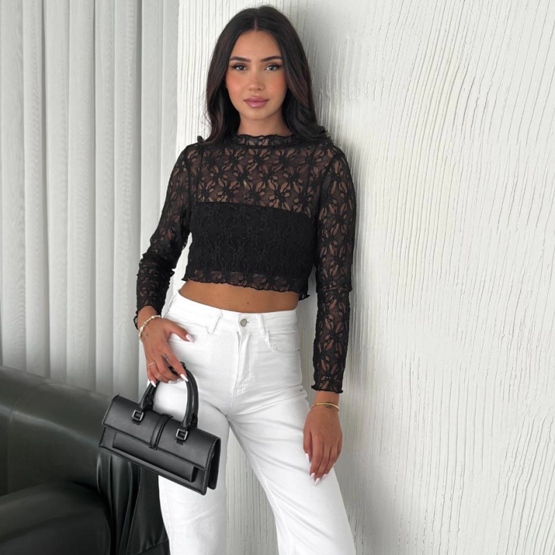 Dantel Uzun Kol Bluz- Siyah -