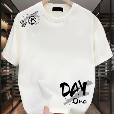 Day One Baskılı Oversize Bisiklet Yaka T-shirt - Beyaz -