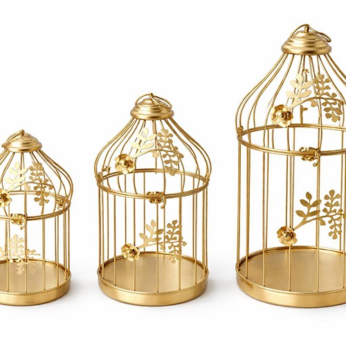 Dekoratif Gold Metal 3'lü Kafes Mumluk Seti