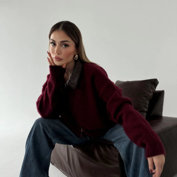 Deri Yakalı Pamuk dokulu Çift Taraflı Çalışan Fermuar Ceket - Bordo -