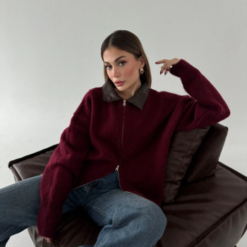 Deri Yakalı Pamuk dokulu Çift Taraflı Çalışan Fermuar Ceket - Bordo -