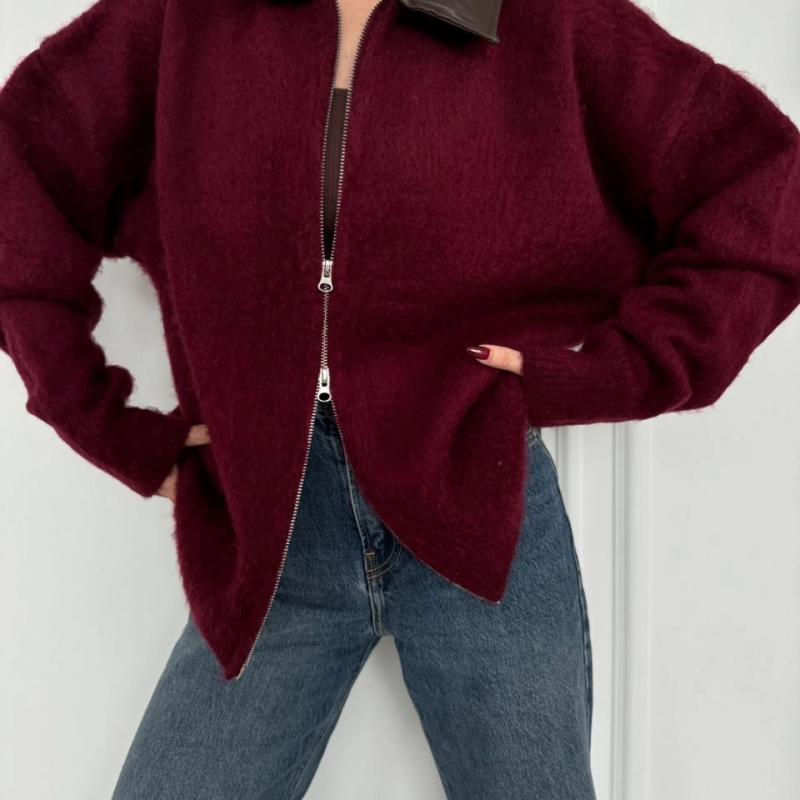 Deri Yakalı Pamuk dokulu Çift Taraflı Çalışan Fermuar Ceket - Bordo -