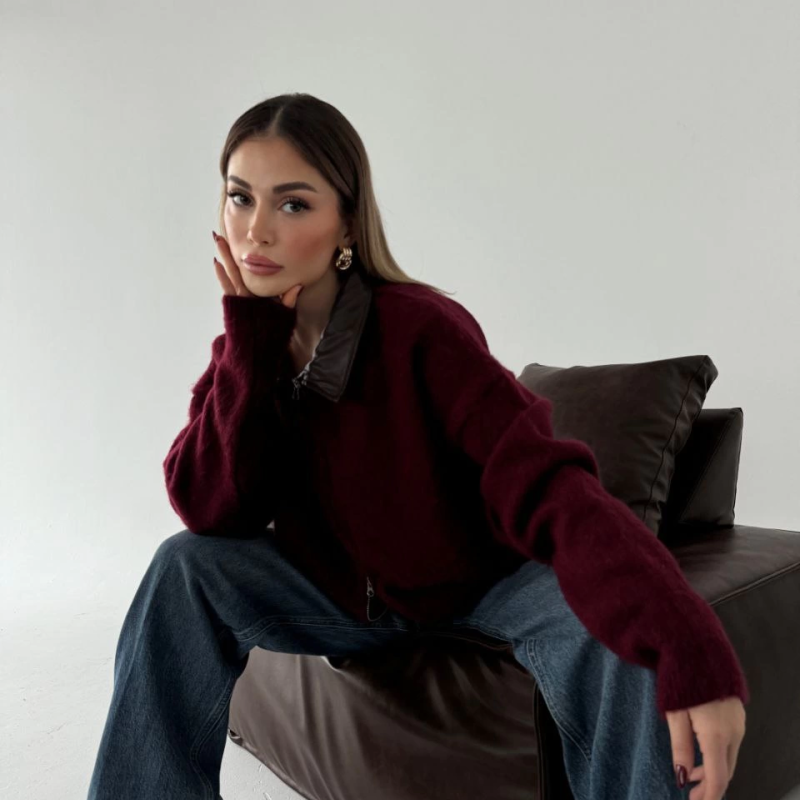 Deri Yakalı Pamuk dokulu Çift Taraflı Çalışan Fermuar Ceket - Bordo -