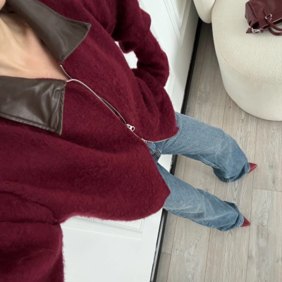 Deri Yakalı Pamuk dokulu Çift Taraflı Çalışan Fermuar Ceket - Bordo -