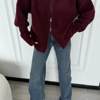 Deri Yakalı Pamuk dokulu Çift Taraflı Çalışan Fermuar Ceket - Bordo -