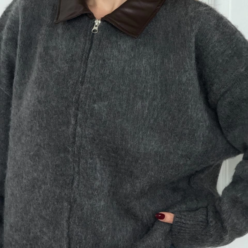 Deri Yakalı Pamuk dokulu Çift Taraflı Çalışan Fermuar Ceket - Füme -