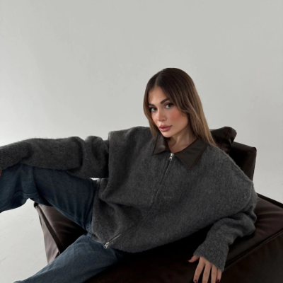 Deri Yakalı Pamuk dokulu Çift Taraflı Çalışan Fermuar Ceket - Füme -