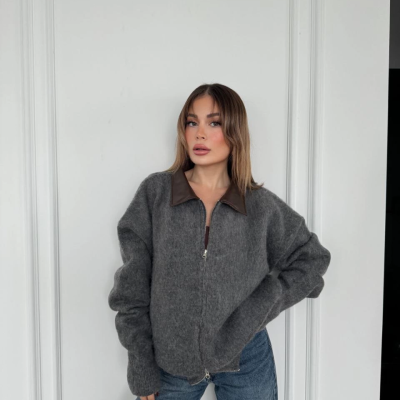 Deri Yakalı Pamuk dokulu Çift Taraflı Çalışan Fermuar Ceket - Füme -