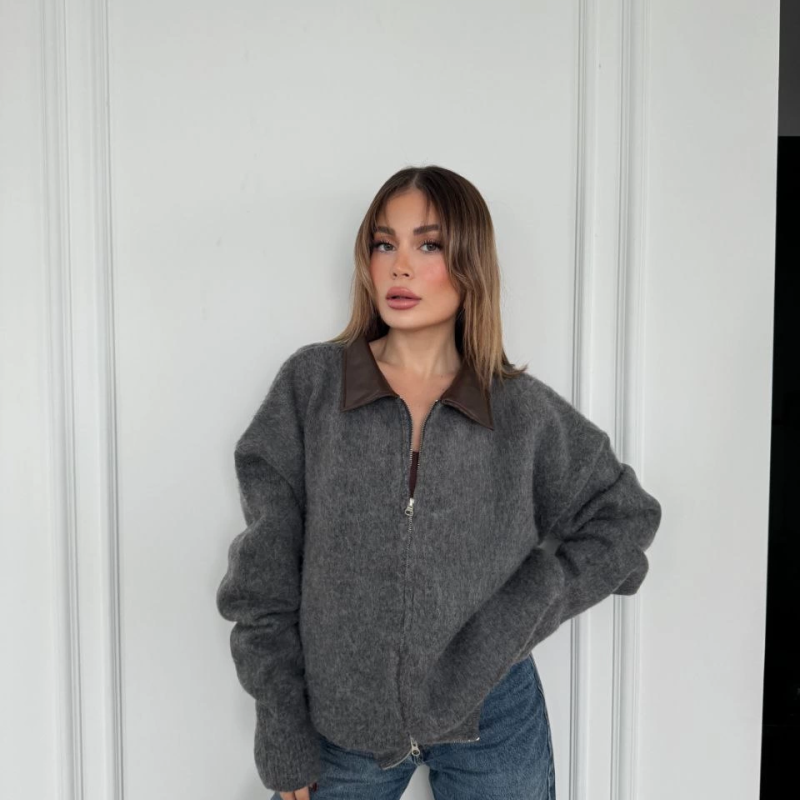 Deri Yakalı Pamuk dokulu Çift Taraflı Çalışan Fermuar Ceket - Füme -