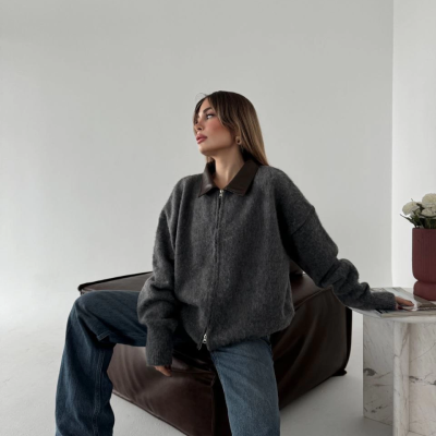 Deri Yakalı Pamuk dokulu Çift Taraflı Çalışan Fermuar Ceket - Füme -