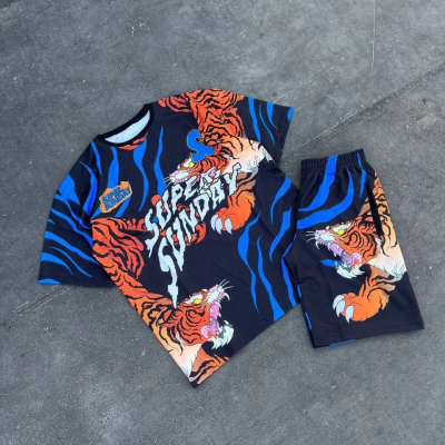 Dijital Baskılı Şortlu Takım - Mavi -