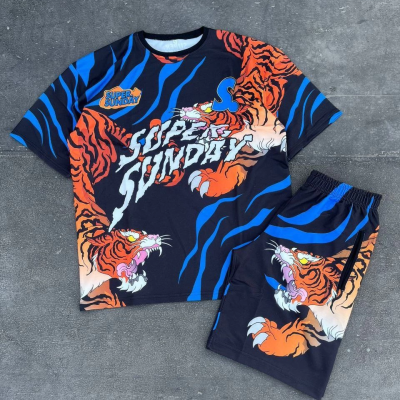 Dijital Baskılı Şortlu Takım - Mavi -