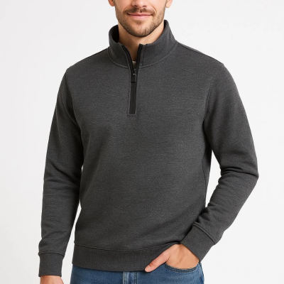 Dik Yaka Sweatshirt Dik Yaka Yarım Fermuarlı 3 İplik Şardonlu Pamuk Kumaş - Antrasit -