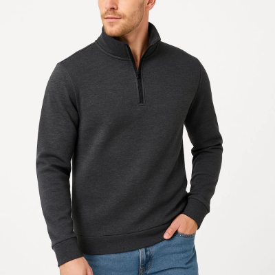 Dik Yaka Sweatshirt Dik Yaka Yarım Fermuarlı 3 İplik Şardonlu Pamuk Kumaş - Antrasit -