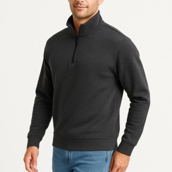 Dik Yaka Sweatshirt Dik Yaka Yarım Fermuarlı 3 İplik Şardonlu Pamuk Kumaş - Antrasit -