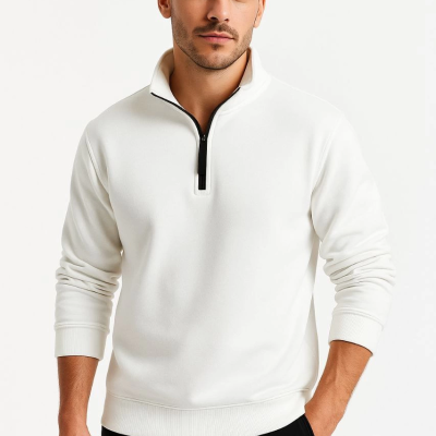 Dik Yaka Sweatshirt Dik Yaka Yarım Fermuarlı 3 İplik Şardonlu Pamuk Kumaş - Beyaz -
