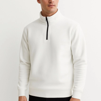 Dik Yaka Sweatshirt Dik Yaka Yarım Fermuarlı 3 İplik Şardonlu Pamuk Kumaş - Beyaz -