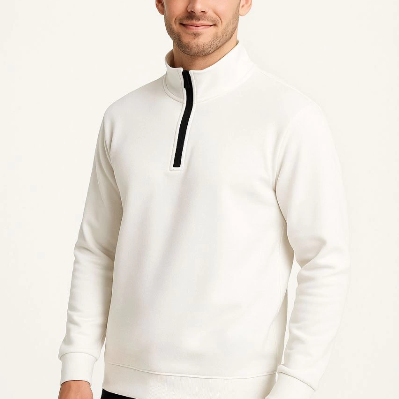 Dik Yaka Sweatshirt Dik Yaka Yarım Fermuarlı 3 İplik Şardonlu Pamuk Kumaş - Beyaz -