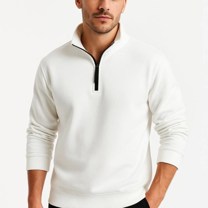 Dik Yaka Sweatshirt Dik Yaka Yarım Fermuarlı 3 İplik Şardonlu Pamuk Kumaş - Beyaz -