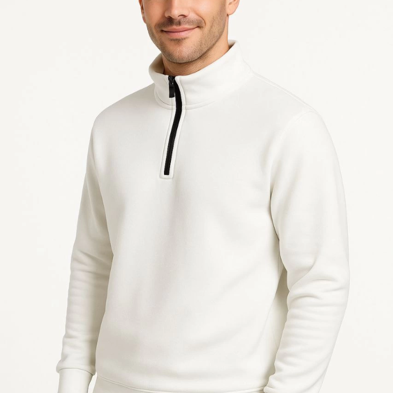 Dik Yaka Sweatshirt Dik Yaka Yarım Fermuarlı 3 İplik Şardonlu Pamuk Kumaş - Beyaz -