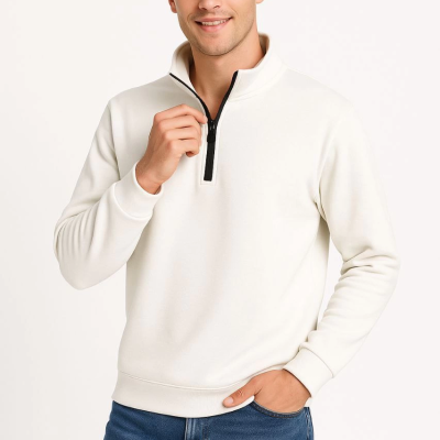 Dik Yaka Sweatshirt Dik Yaka Yarım Fermuarlı 3 İplik Şardonlu Pamuk Kumaş - Beyaz -