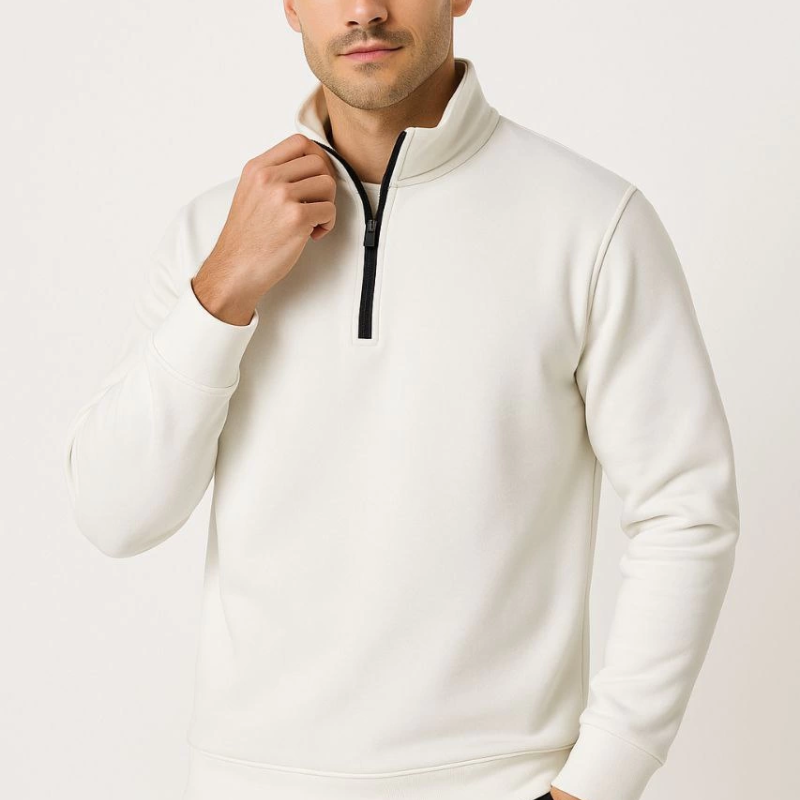 Dik Yaka Sweatshirt Dik Yaka Yarım Fermuarlı 3 İplik Şardonlu Pamuk Kumaş - Beyaz -